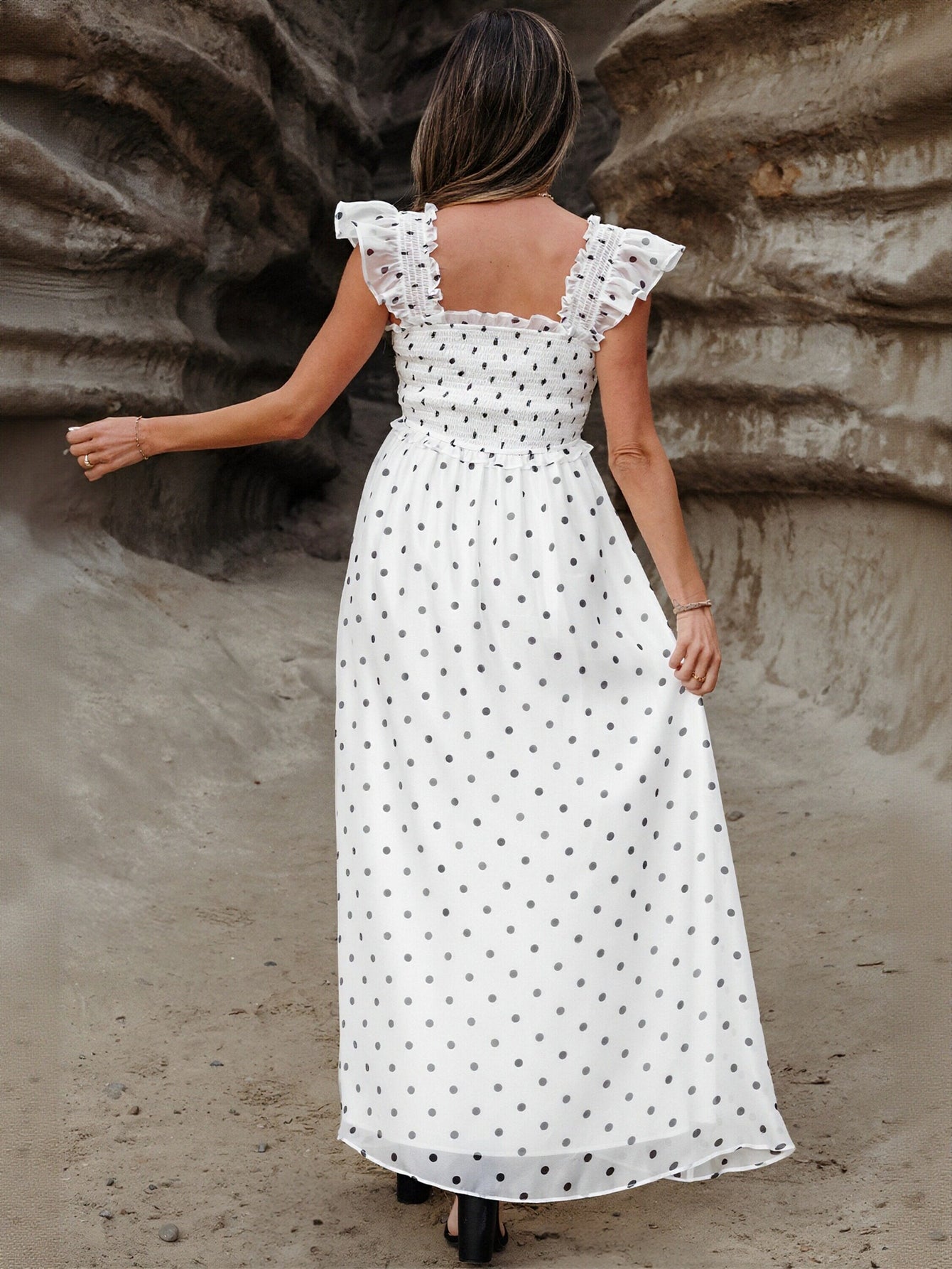 Ruffled Polka Dot Smocked Maxi Dress