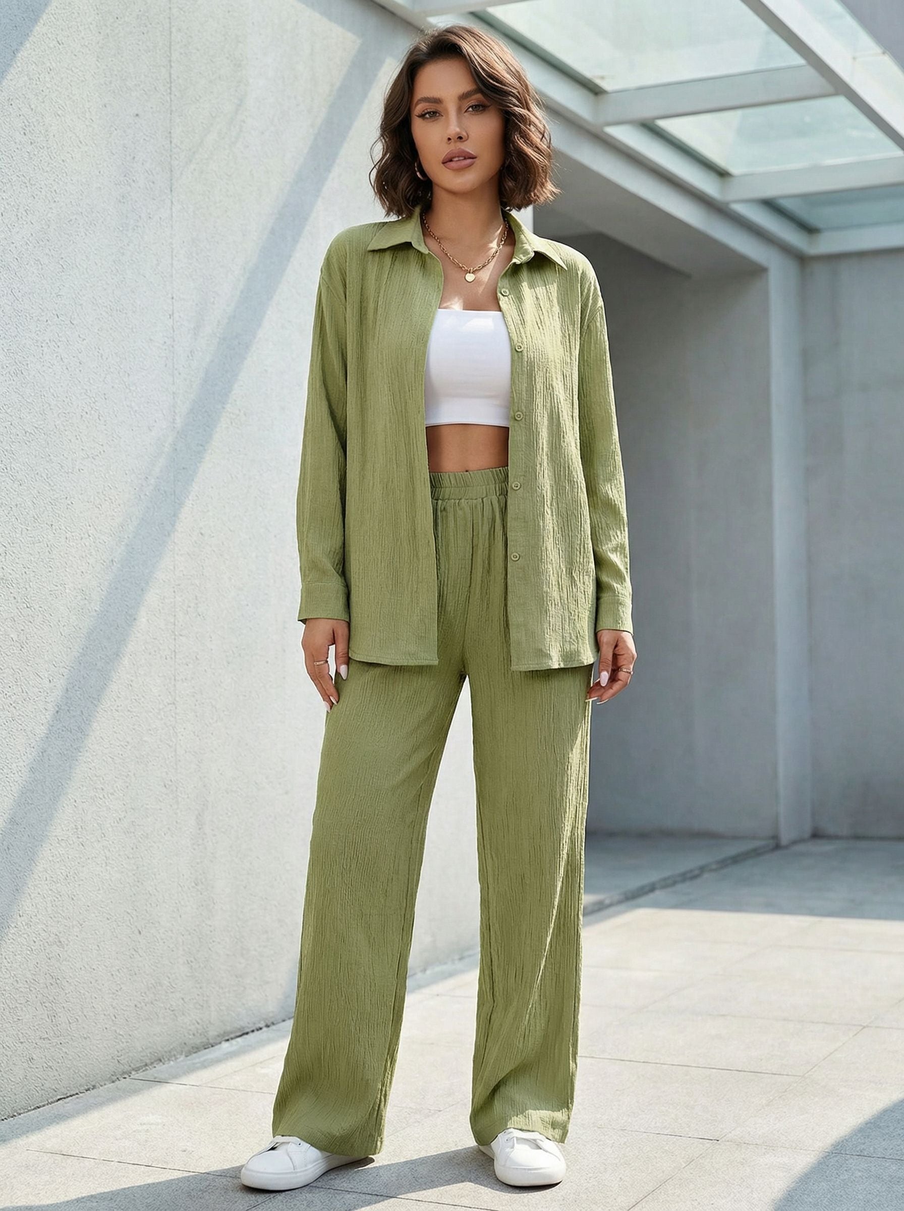 Loose-Fit Shirt Matching Wide-Leg Pants Casual Set