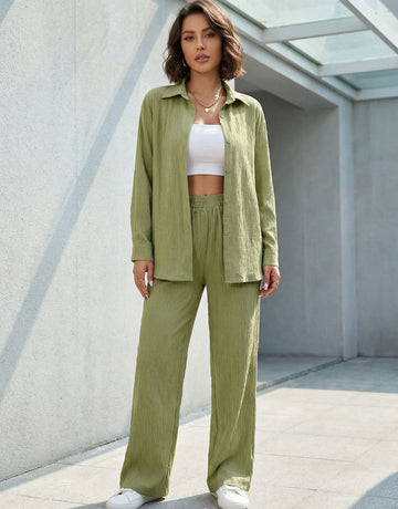 Loose-Fit Shirt Matching Wide-Leg Pants Casual Set