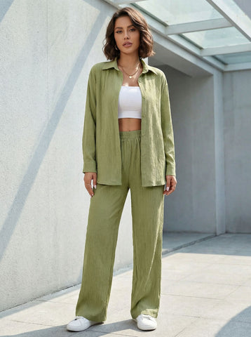 Loose-Fit Shirt Matching Wide-Leg Pants Casual Set