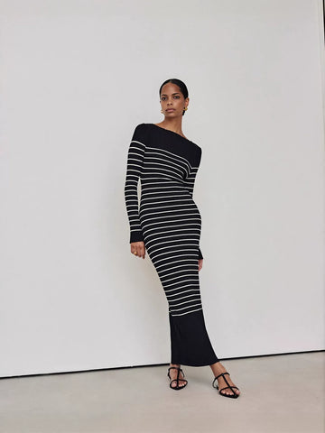 Striped Off Shoulder Ribbed Sweater Dress