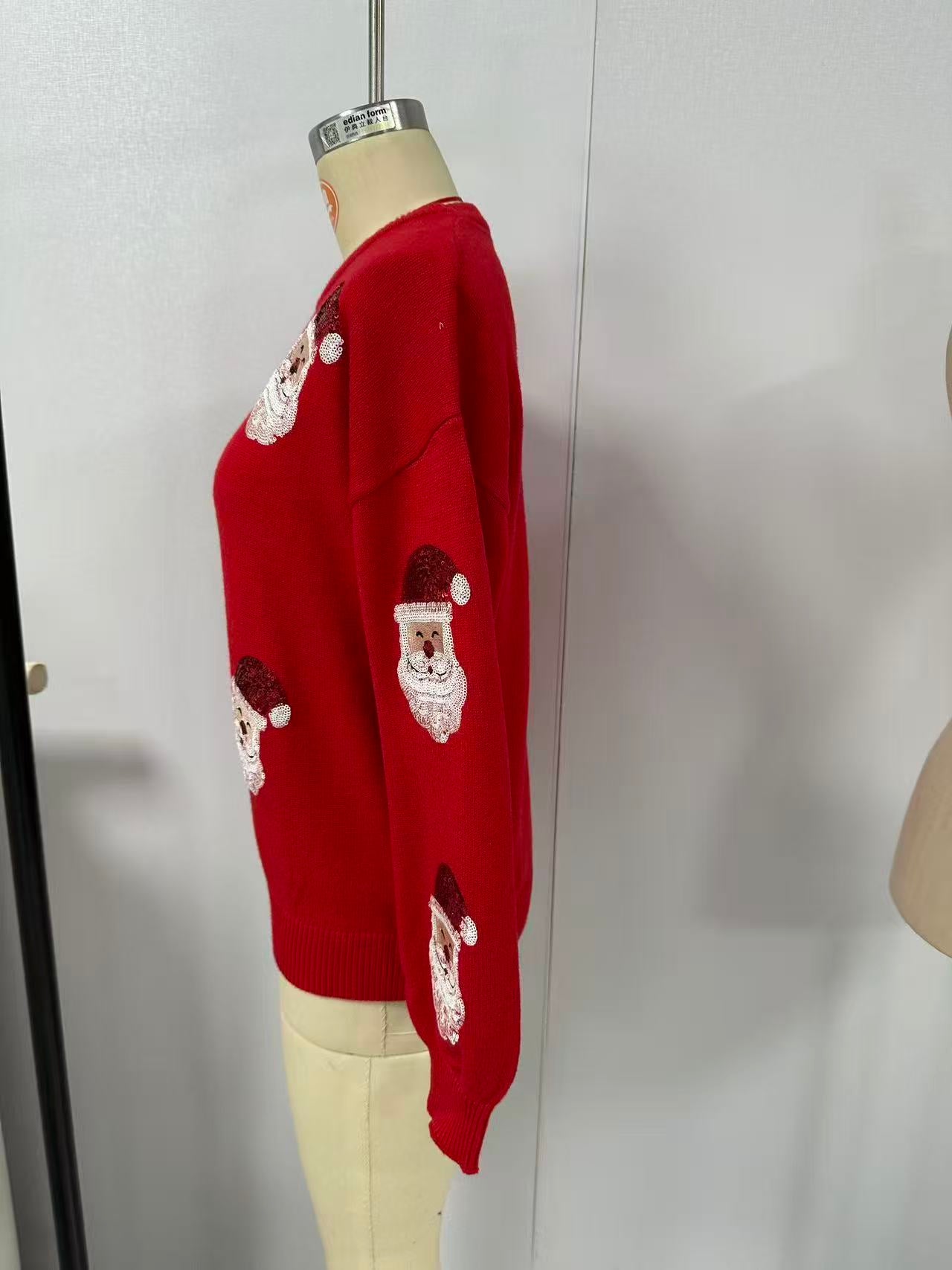 Festive Sequin Santa Christmas Pullover Sweater