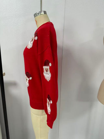 Festive Sequin Santa Christmas Pullover Sweater