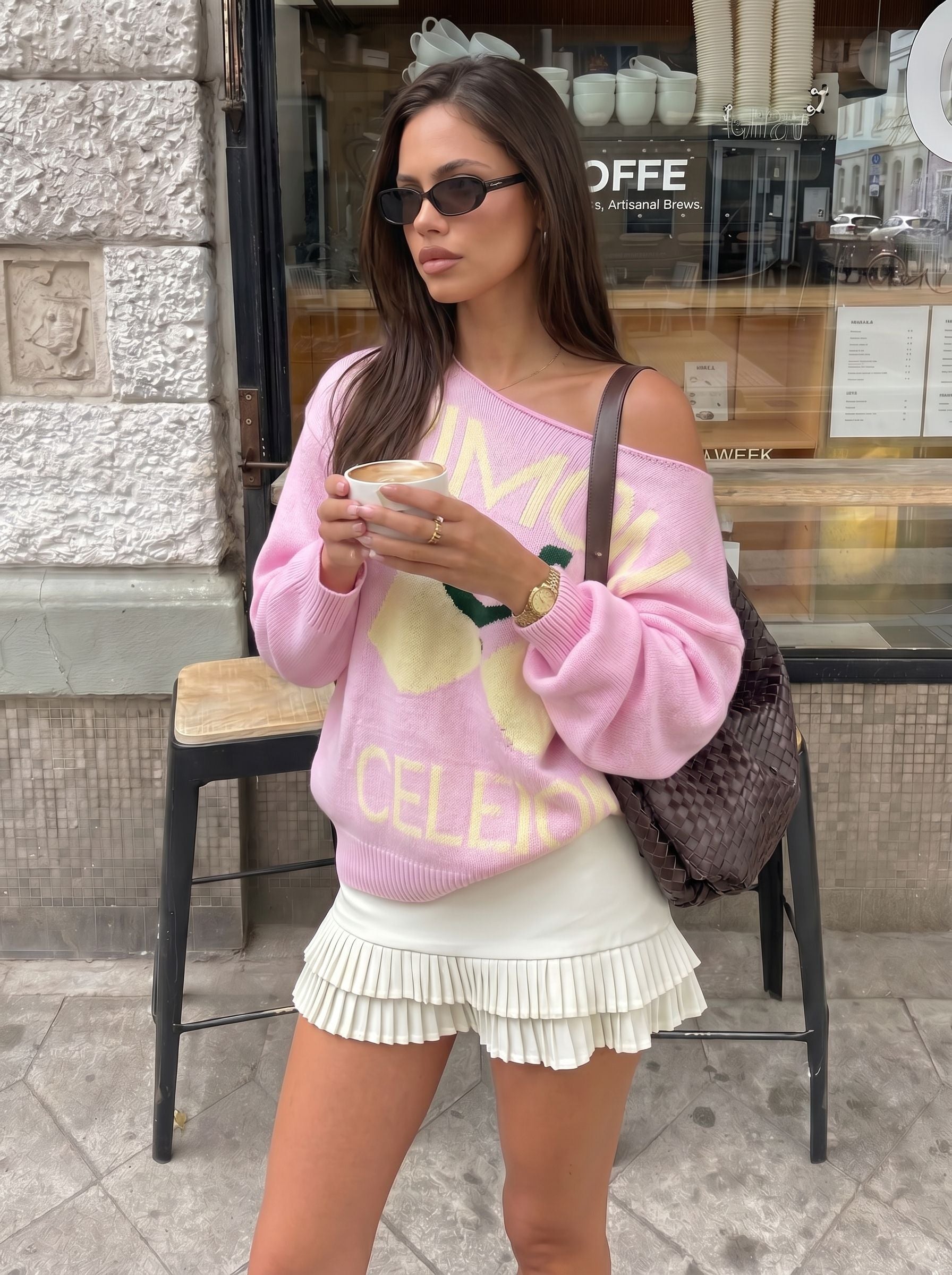 Off Shoulder Graphic Print Sweater