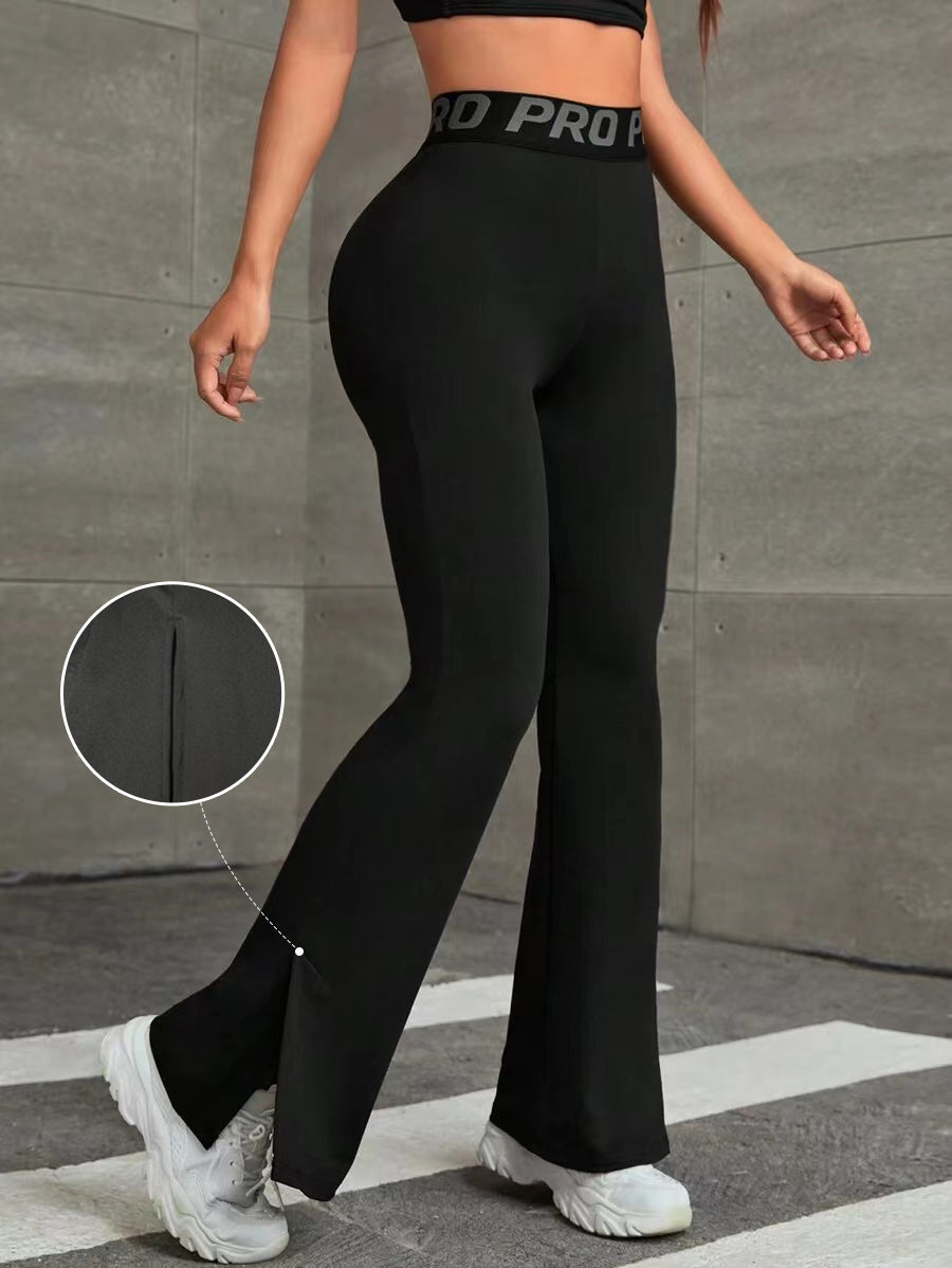 Lettered Waistband Wide-Leg Split-Hem Paneled Yoga Pants-Black