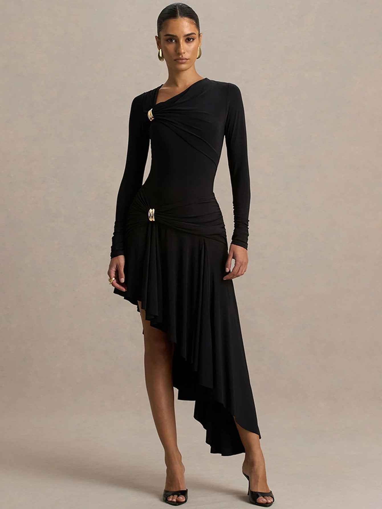 Ruched Asymmetric Long Sleeve Midi Dress