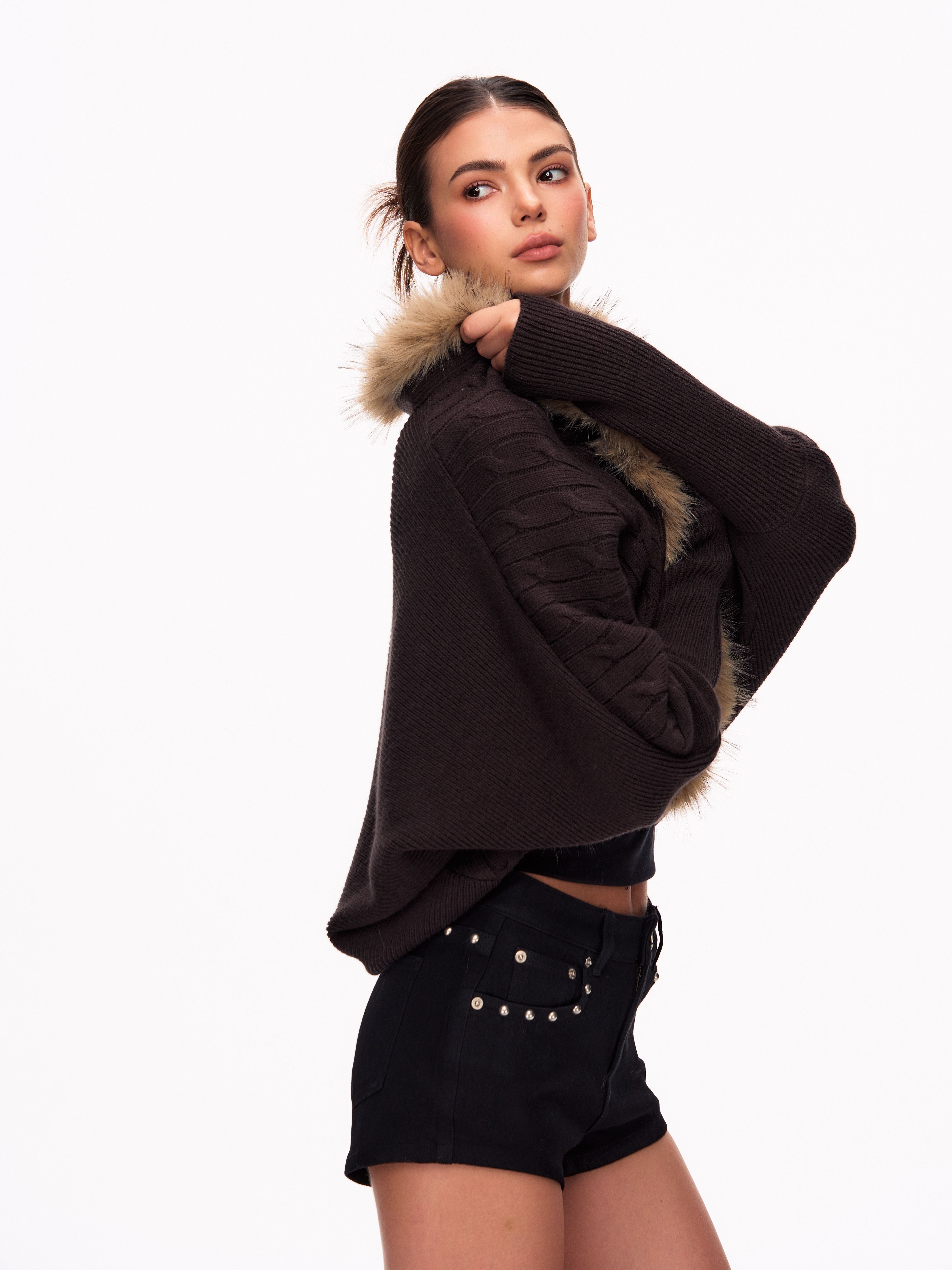 Faux Fur Trim Batwing Cardigan