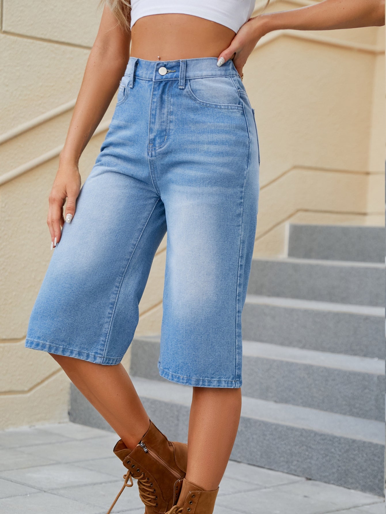 High Waisted Loose Denim Bermuda Shorts