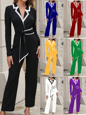 Elegant Lapel Belted Wide Leg Jumpsuit