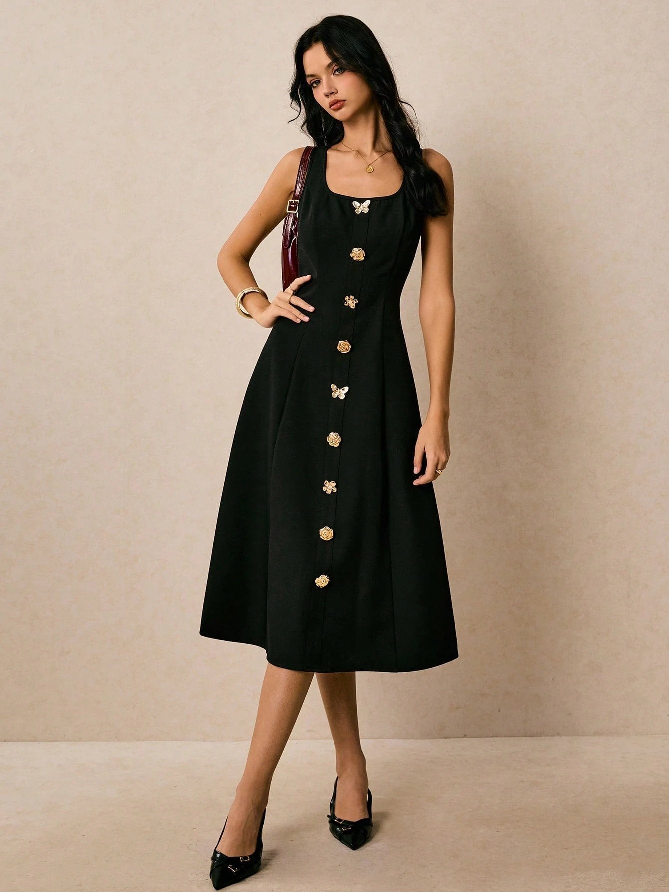 Button-Front A-Line Sleeveless Elegant Midi Dress-Black