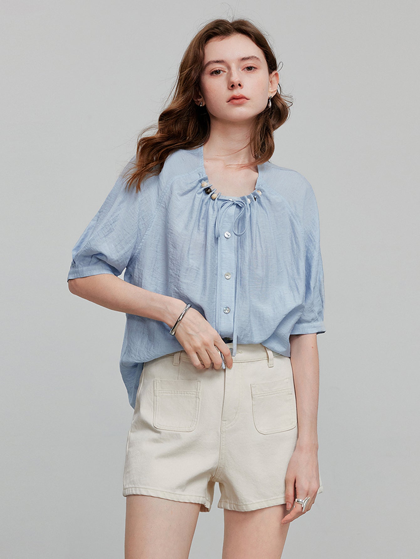 TOYOUTH Linen Blend Tie-Neck Relaxed Blouse