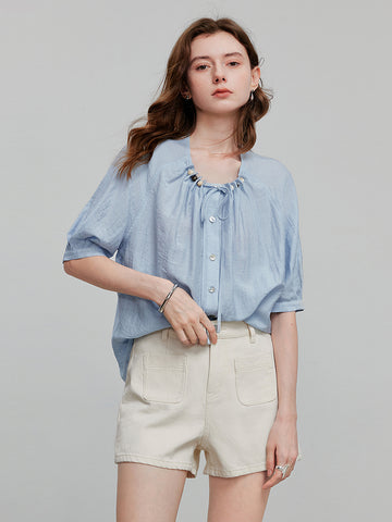 TOYOUTH Linen Blend Tie-Neck Relaxed Blouse