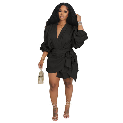 V Neck Tie Waist Mini Dress