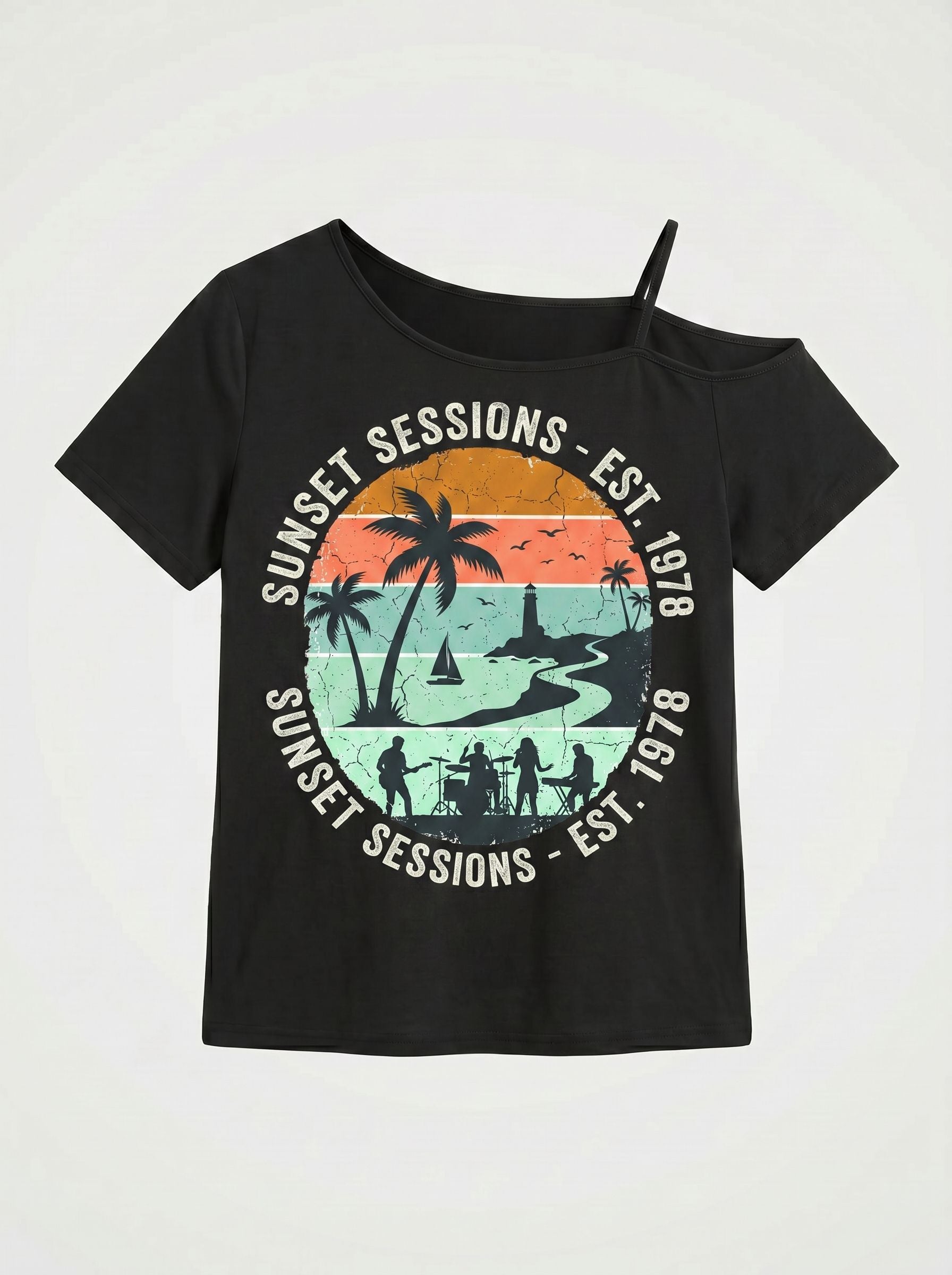 Vintage Sunset Graphic Cold Shoulder T-Shirt