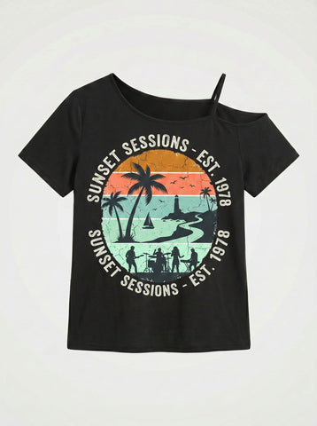 Vintage Sunset Graphic Cold Shoulder T-Shirt