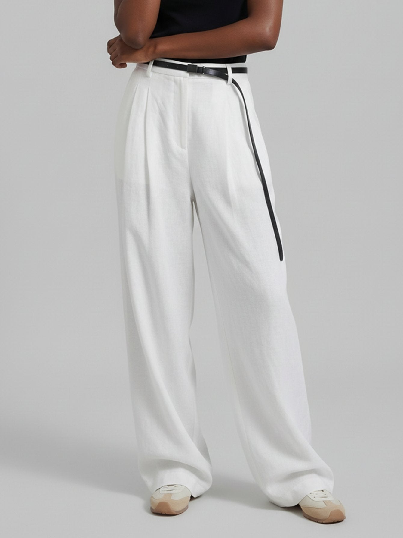 Belted Linen Straight Pants