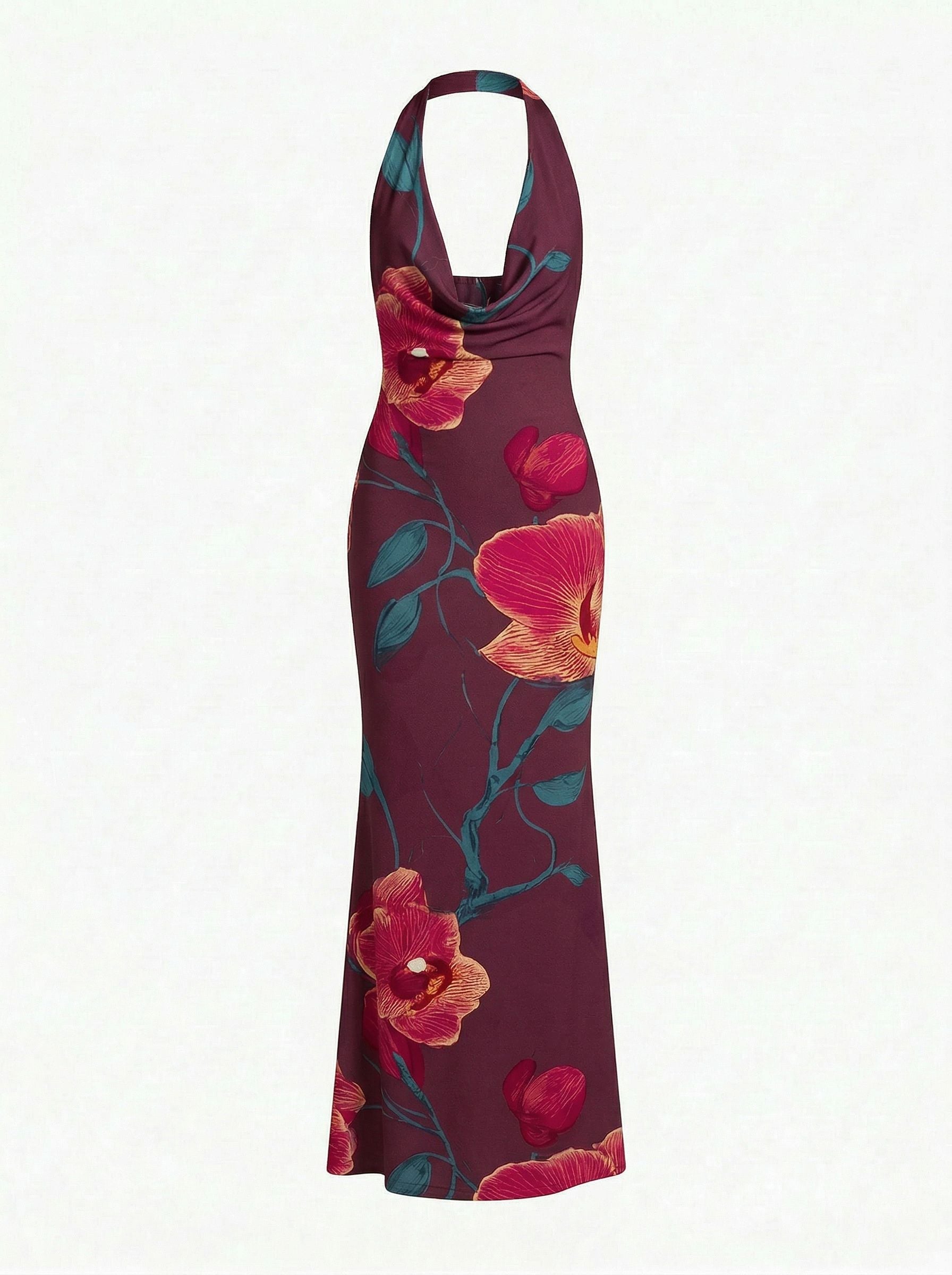 Floral Print Cowl Neck Bodycon Maxi Dress