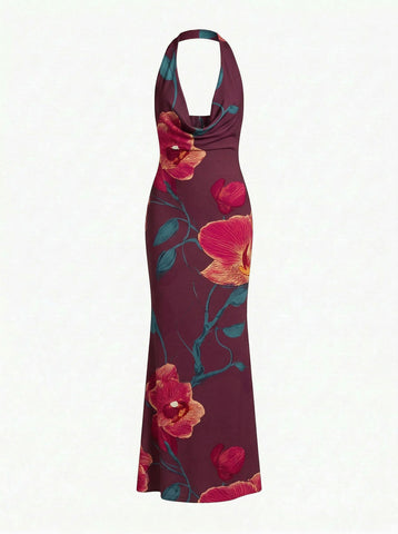 Floral Print Cowl Neck Bodycon Maxi Dress