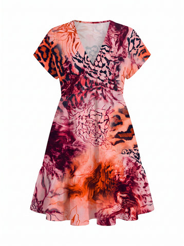 EVA Abstract Animal Print V Neck Tiered Babydoll Mini Dress