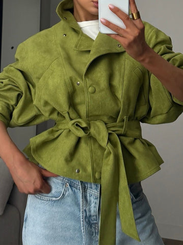 Oversized Belted Suede Moto Jacket