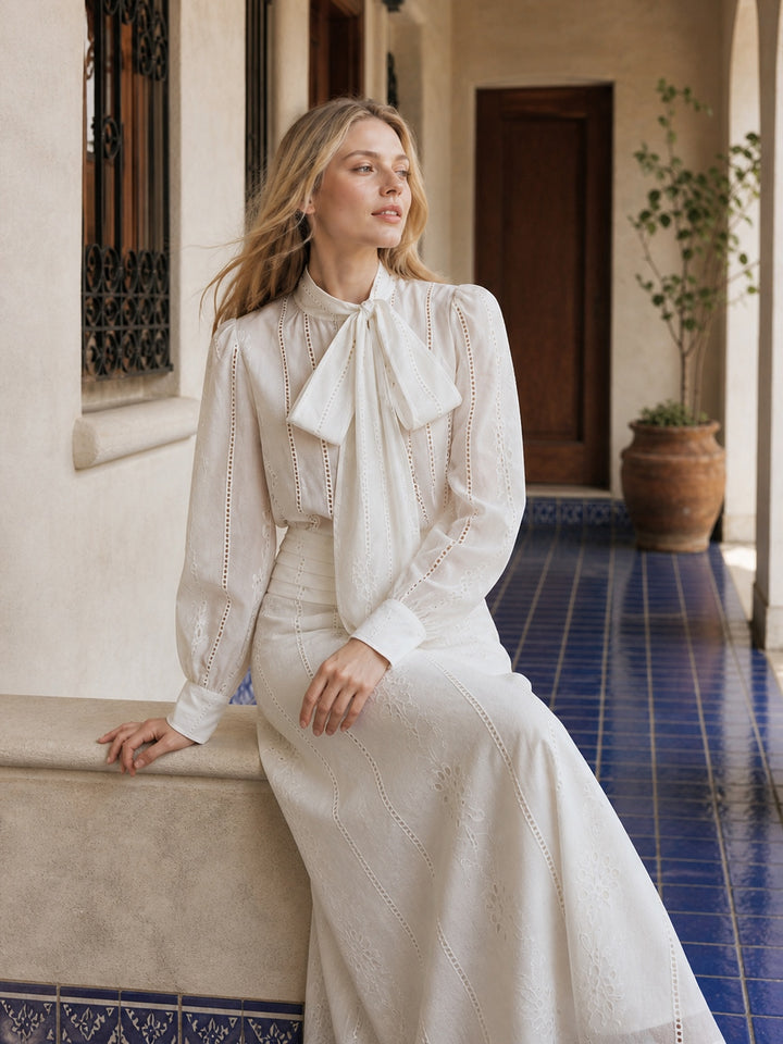 Elegant Embroidered Tie Neck Blouse