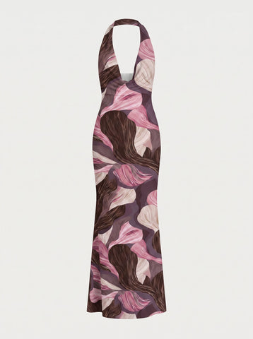 Floral Print Cowl Neck Bodycon Maxi Dress