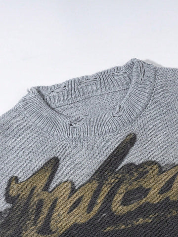 Distressed Graphic Oversized Knit Sweater
