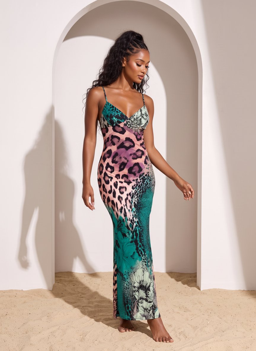 KIRA Leopard and Snakeskin Print Spaghetti Strap Bodycon Maxi Dress