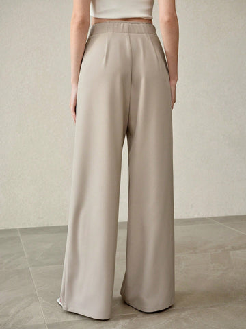 High-Waisted Drawstring Wide-Leg Casual Pants-Khaki