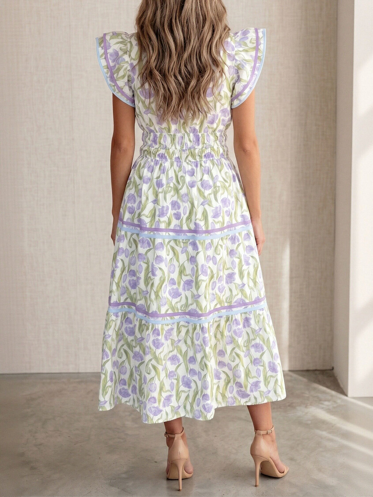 Floral Ruffle Sleeve Tiered Midi Dress