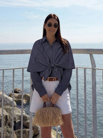 Draped Plaid Tie Front Button Shirt