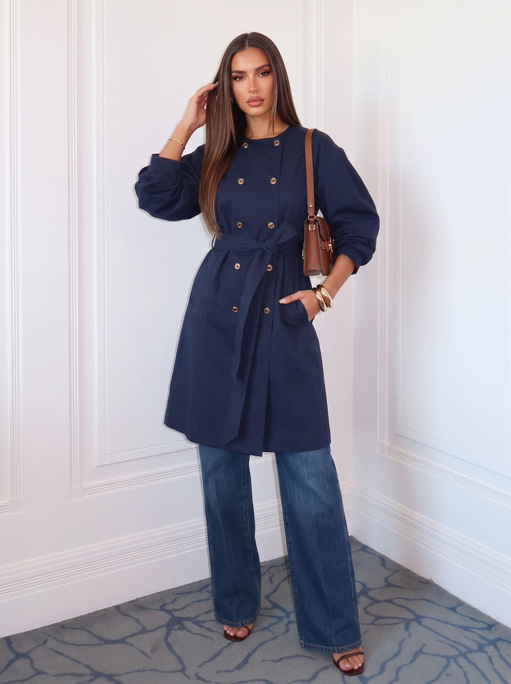 Double Breasted Belted Navy Trench Coat