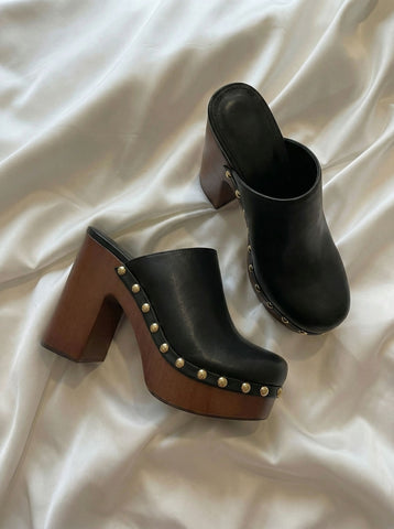 Wooden Heel Studded Edgy Heels