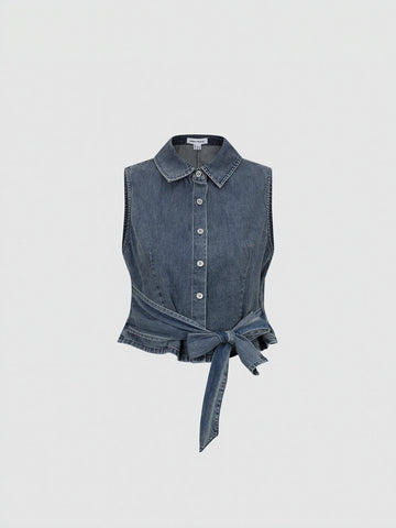 Tie-Front Sleeveless Denim Shirts