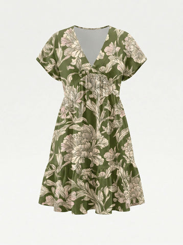 EVA Floral Print V Neck Tiered Babydoll Mini Dress