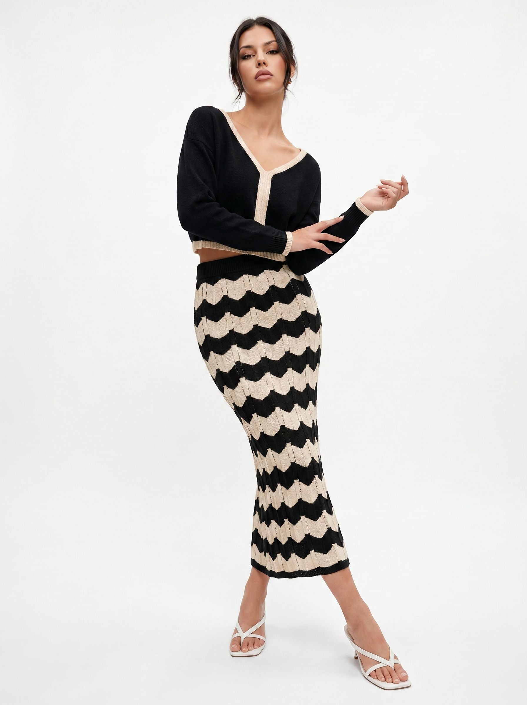 Colorblock Chevron Knit Sweater Skirt Set