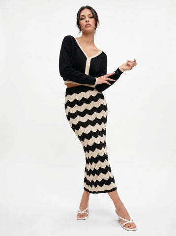 Colorblock Chevron Knit Sweater Skirt Set