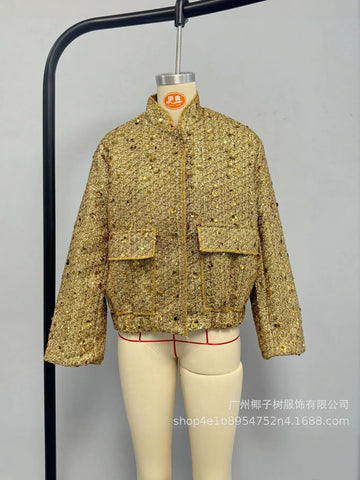 Shimmering Tweed Stand Collar Jacket