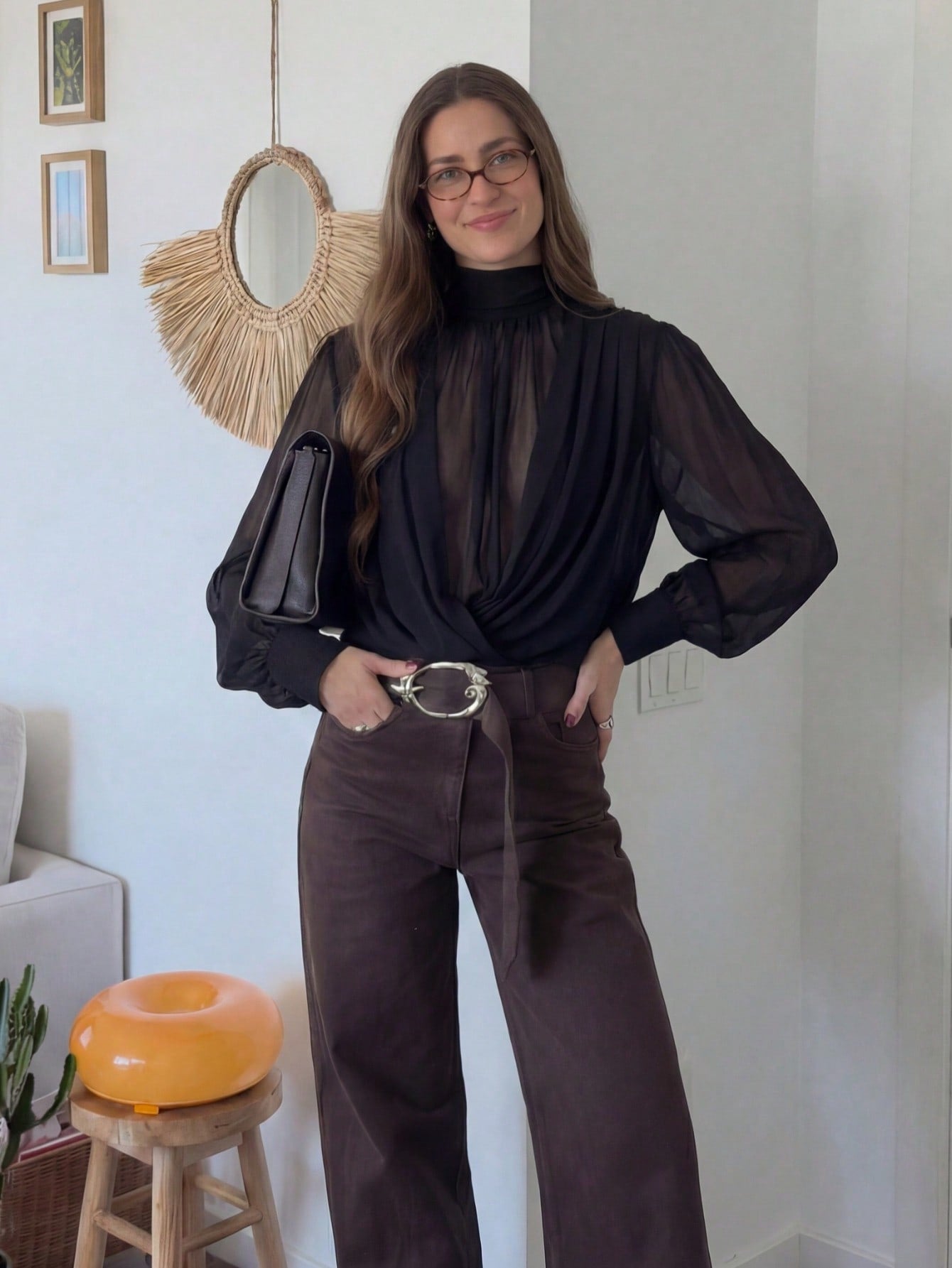 Elegant Draped Mock Neck Chiffon Blouse