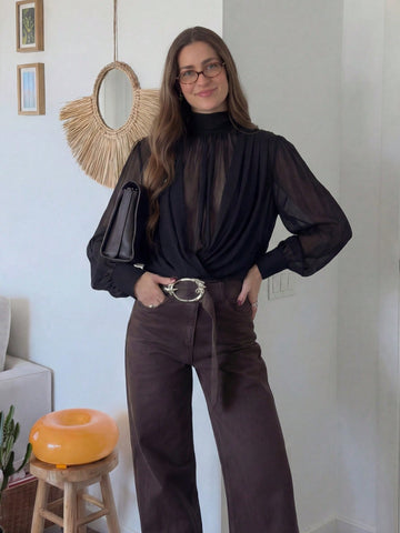 Elegant Draped Mock Neck Chiffon Blouse