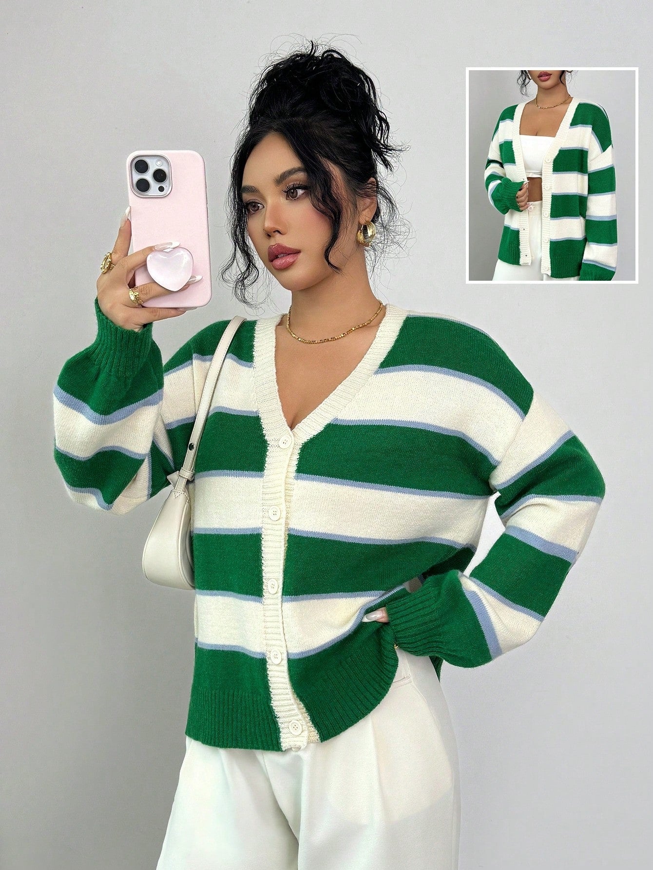 Oversized Striped V Neck Cardigan