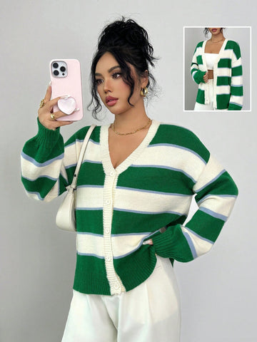 Oversized Striped V Neck Cardigan