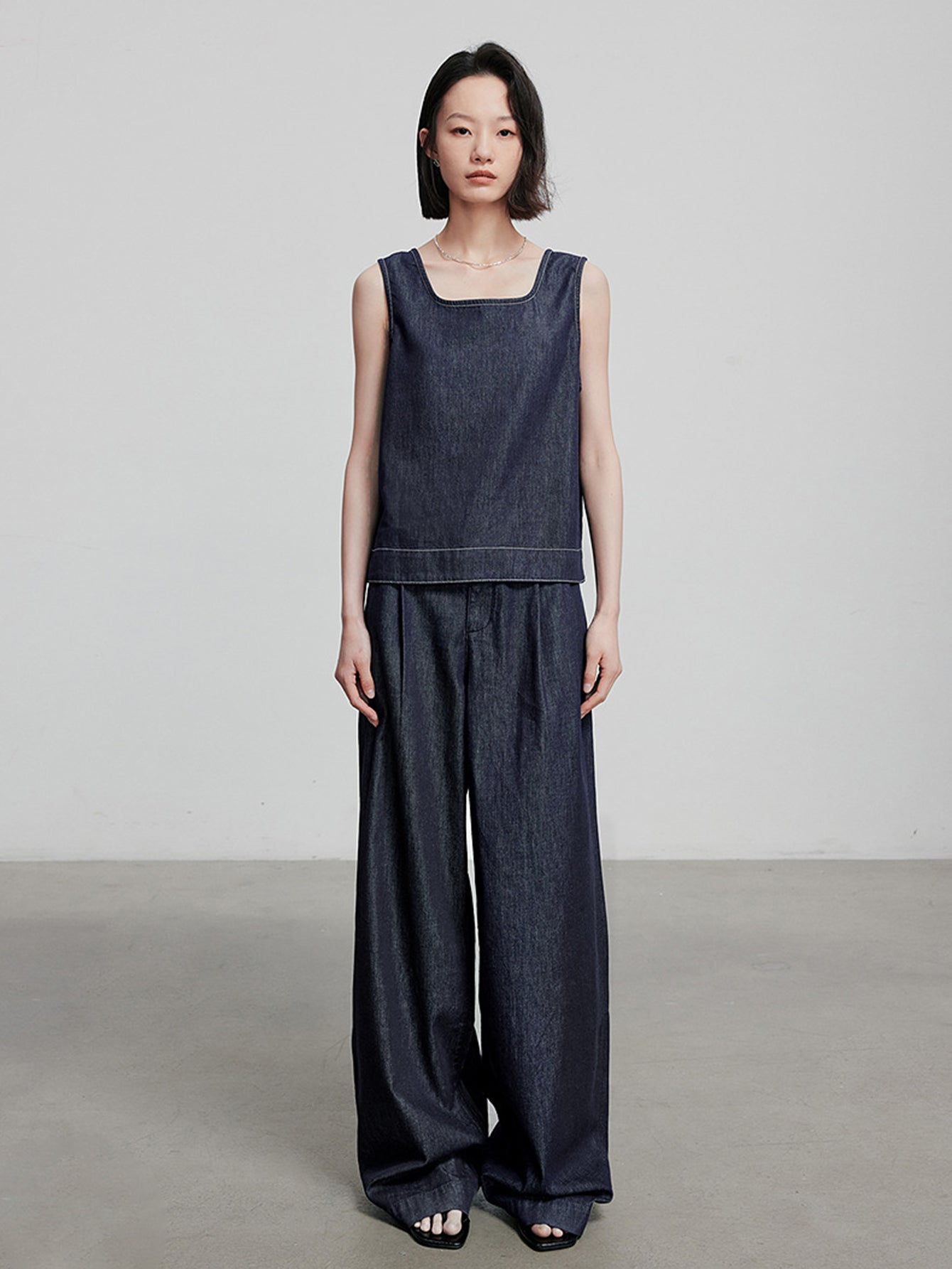 Denim Sleeveless Button-Front Blouse