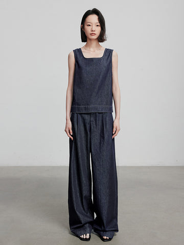 Denim Sleeveless Button-Front Blouse