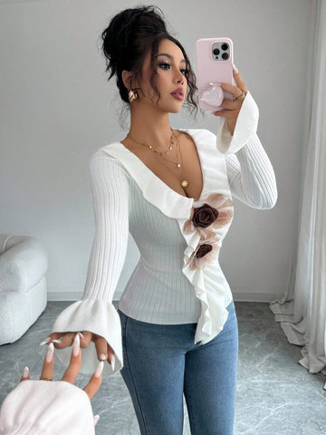 Floral Ruffle Trim Ribbed Sweater