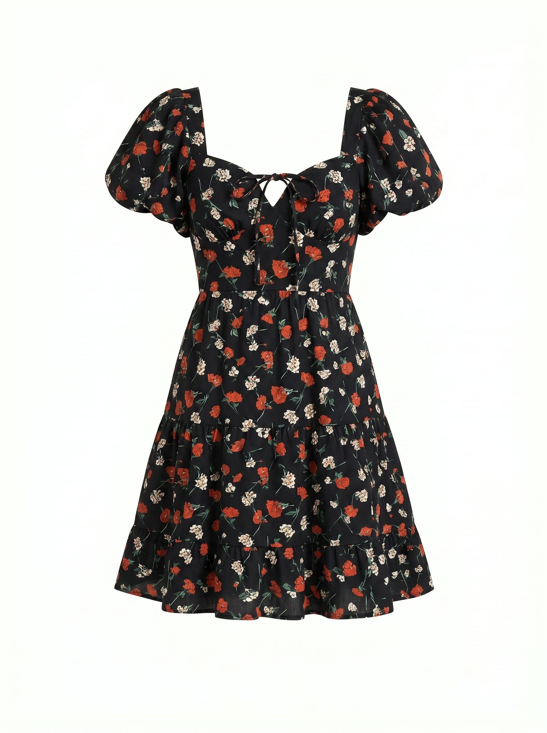 Floral Print Puff Sleeve Tiered Mini Dress
