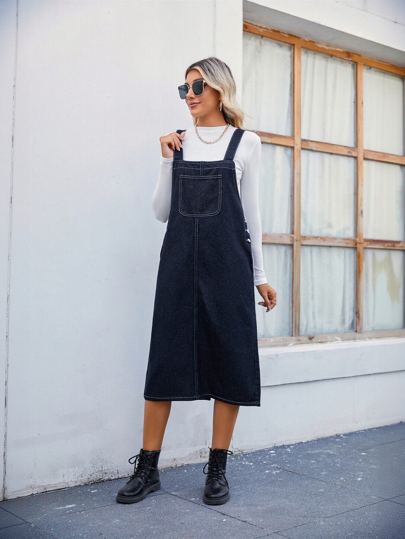 Classic Midi Denim Overall Dress