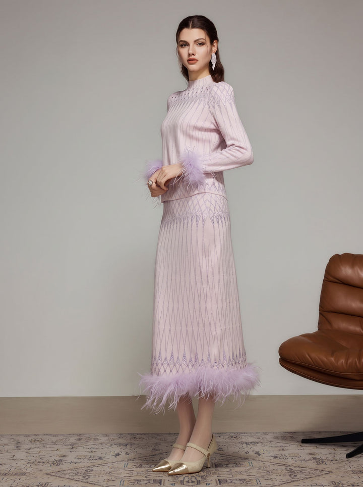 Feather Trim Glitter Knit Midi Skirt