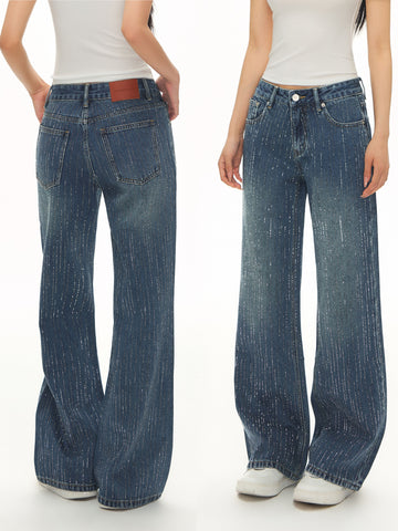 Sparkly Rhinestone High Waisted Wide Leg Jeans