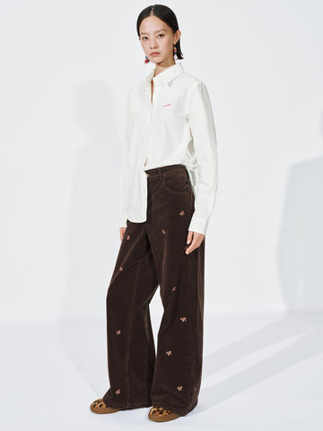 Urban Revivo Bow Printed Wide Leg Jeans-Dark Brown